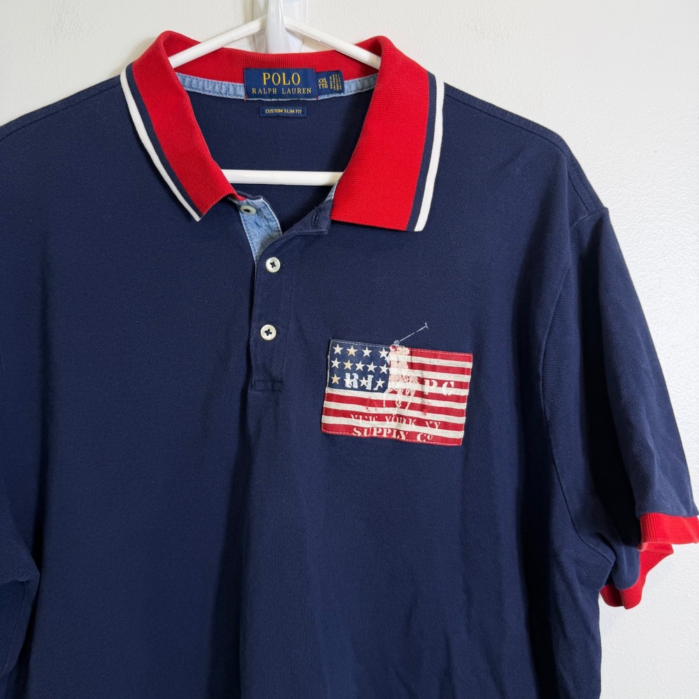 Polo Ralph Lauren Polo Shirt Men XXL Blue Custom Slim Fit American Flag Patch